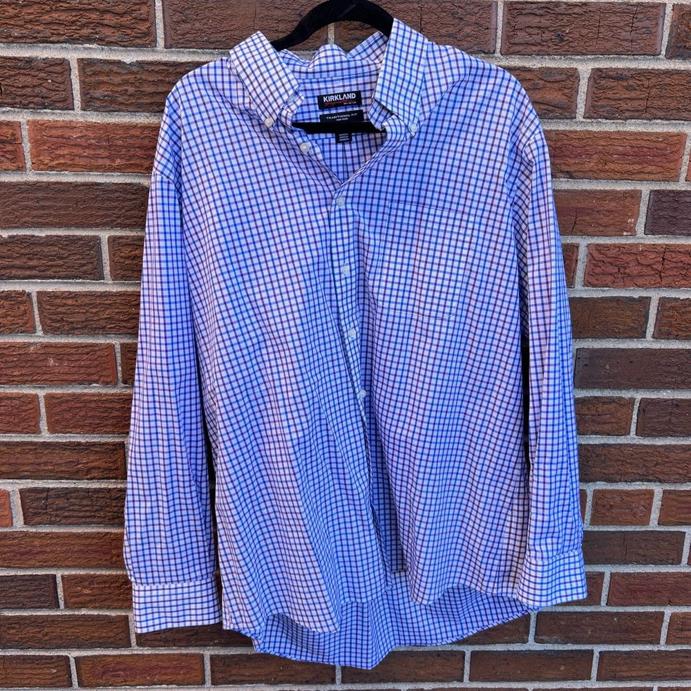Kirkland Signature Blue and White Check Casual Button-Down Shirt